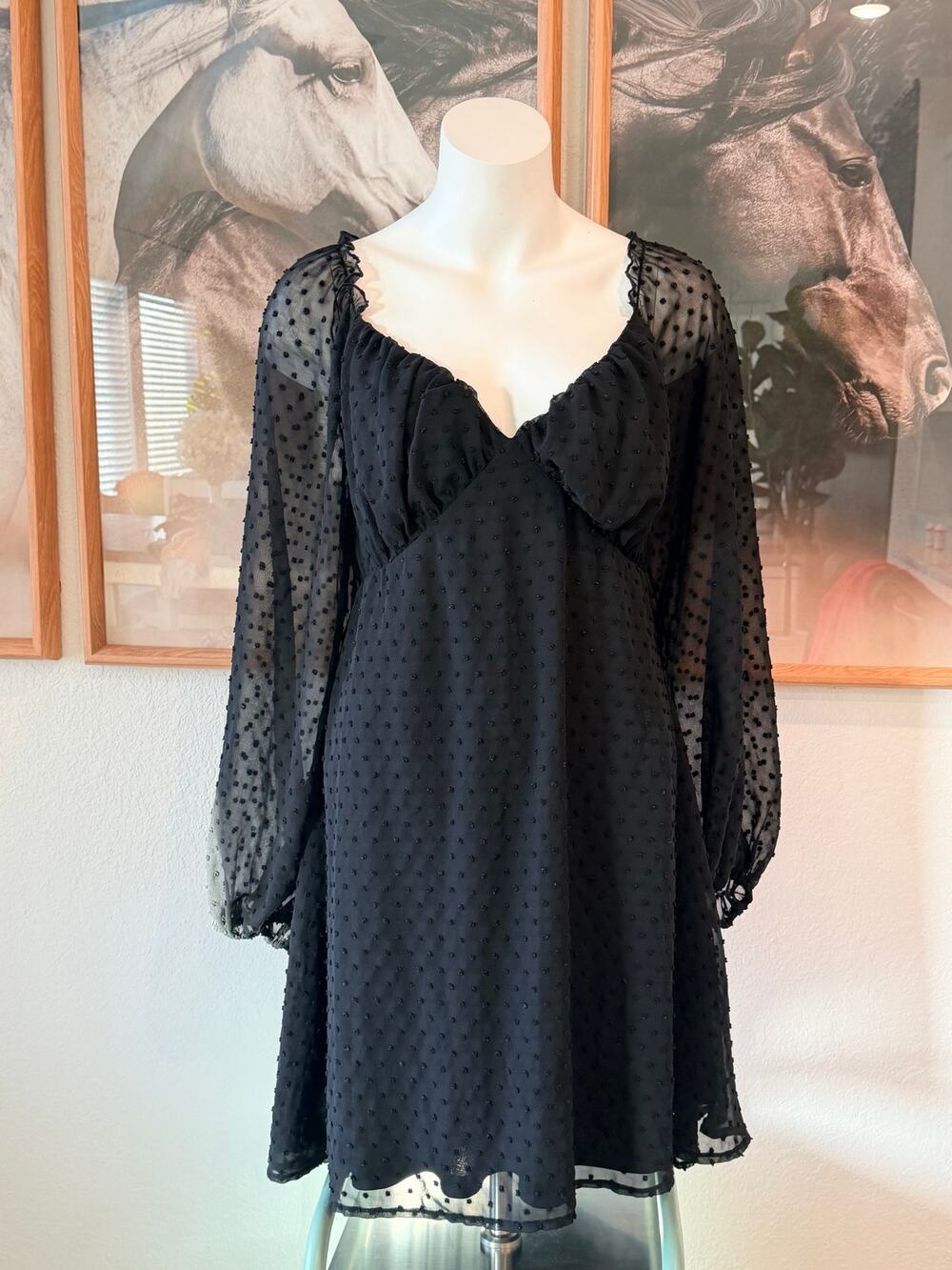 Missguided black polka dot mini dress with sheer sleeves size US 14   J0075